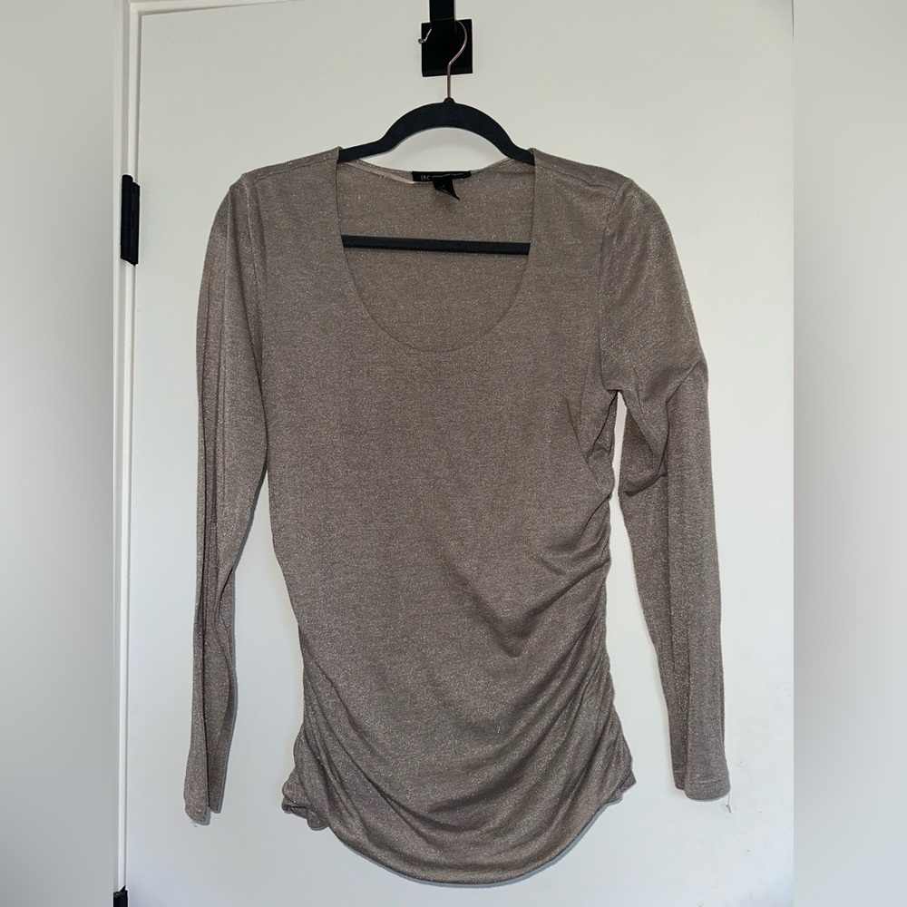 INC International Concepts Champagne Metallic Long Sleeve Blouse